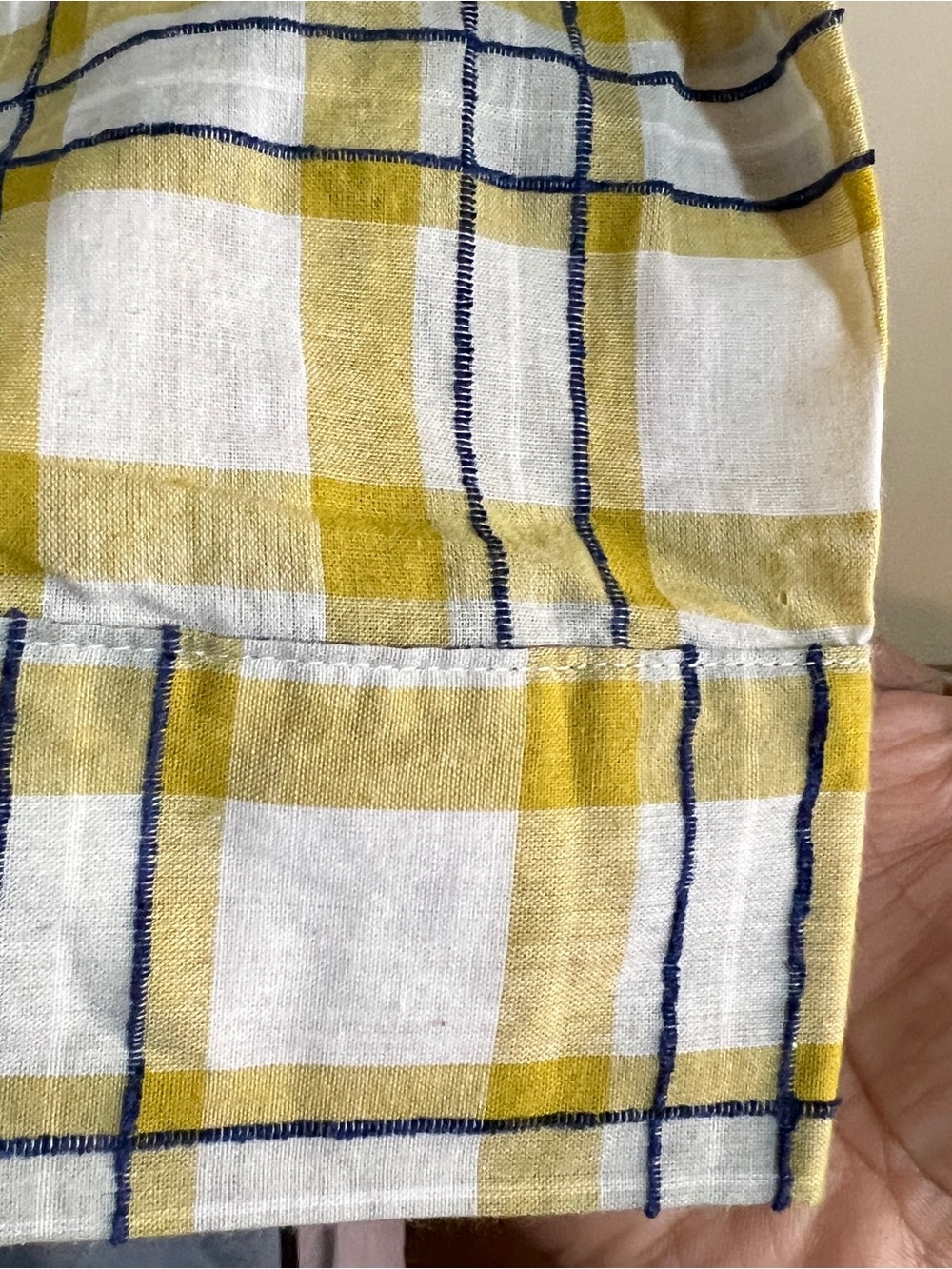 New Easel Wms Yellow Navy Stitched Knit Cotton Textured Twist Hem Plaid Shirt S - Picture 3 of 10